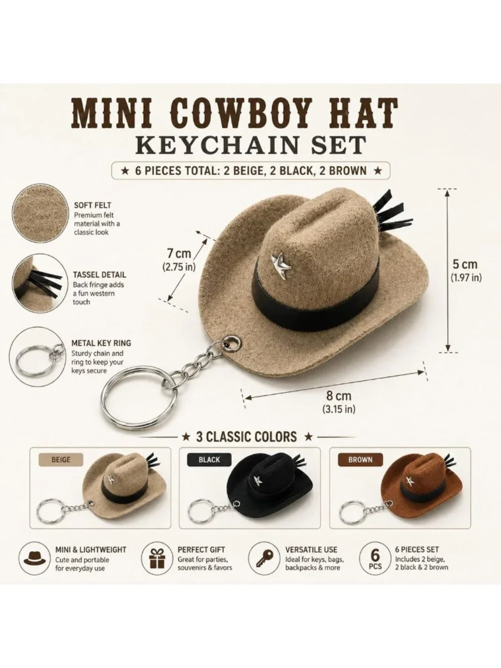Mini Cowboy Hat Keychain Set - 6 PCS Western Style Tassel Key Rings for Bags